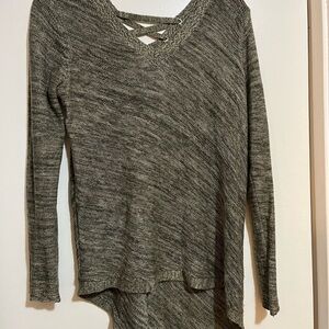Democracy Heathered Knit Sweater with Crisscross V-Neck